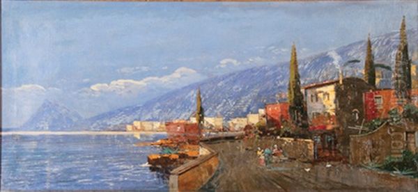 Expansive Italian Seaside Village Landscape Oil Painting by Hans Johann Wagner