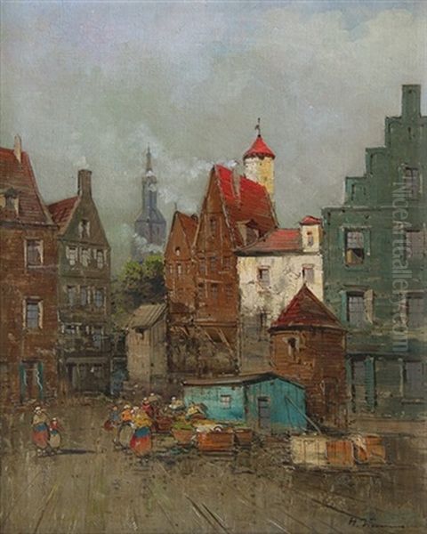 City Street Oil Painting by Hans Johann Wagner