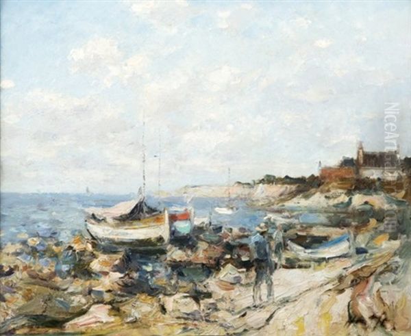 Figure Walking Harborside With Docked Boats On A Northern California Coast Oil Painting by Joseph Wagner