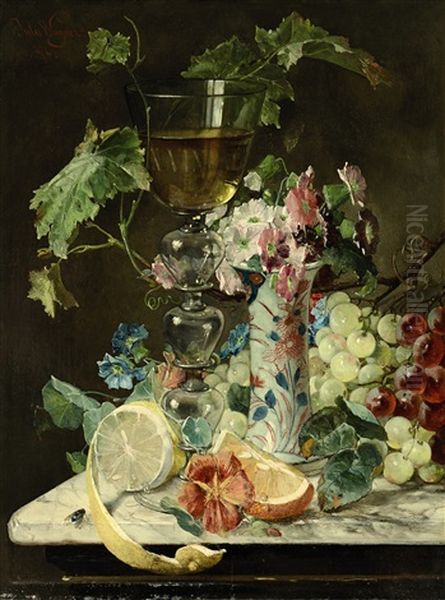 Stillleben Mit Weinglas, Obst Und Blumen Oil Painting by Jules Wagner