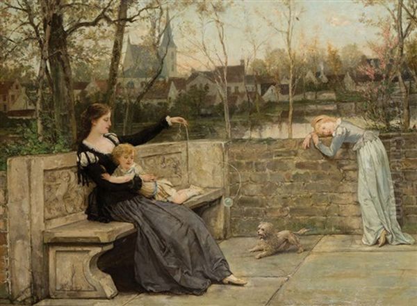 Deux Soeurs Et Leur Frere Jouant Avec Un Chien Pres D'une Muraille Au Bord De L'eau Oil Painting by Jules Wagner