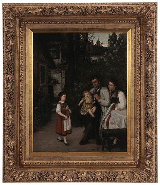 A Family Awaiting Tea In A Courtyard Oil Painting by Julius Wagner