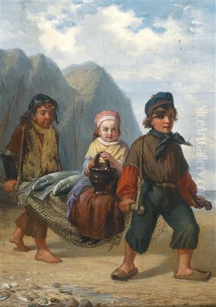 Fischerkinder Am Heimweg Mit Reicher Beute Oil Painting by Julius Wagner