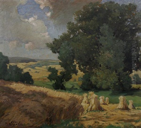 Weite Landschaft Mit Getreidefeldern Und Baumen An Einem Sommertag Mit Aufziehenden Wolken, Im Rechten Vordergrund Getreidehocken Oil Painting by Karl Wagner