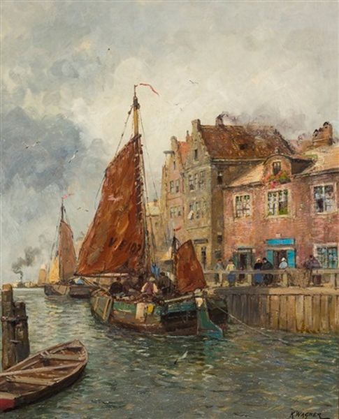 Sign. Kanalansicht In Amsterdam Mit Angelegten Booten, Prachtvollen Hauserfassaden Und Personenstaffage. Ol/lwd. 68,5 X 55,5 Cm. R Oil Painting by Karl Theodor Wagner