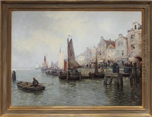 Belebte Hafenansicht In Holland (?) Oil Painting by Karl Theodor Wagner