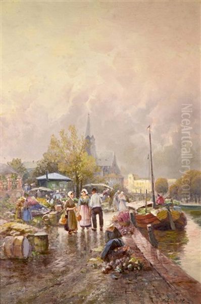 Flower Market Oil Painting by Karl Theodor Wagner