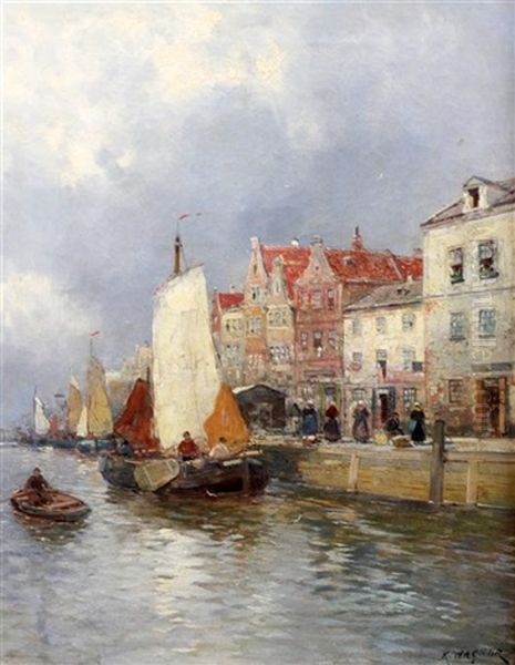 Dutch Canal Scenes Oil Painting by Karl Theodor Wagner