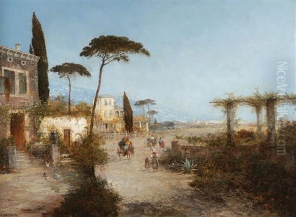 Italienische Kustenstadt Mit Passanten Und Pferdekarren Oil Painting by Karl Theodor Wagner