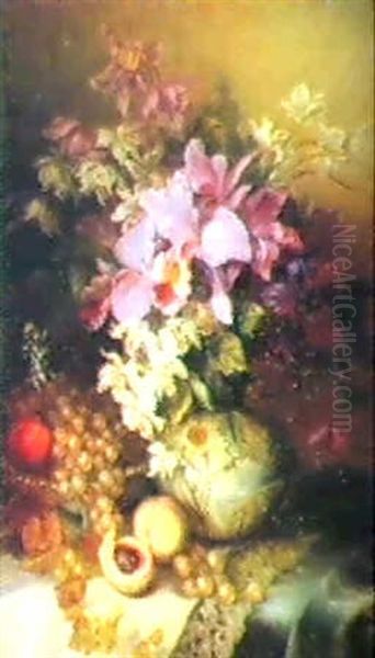 A Still Life Of Irises In A Vase And Fruit On A Ledge Oil Painting by Louise Wagner