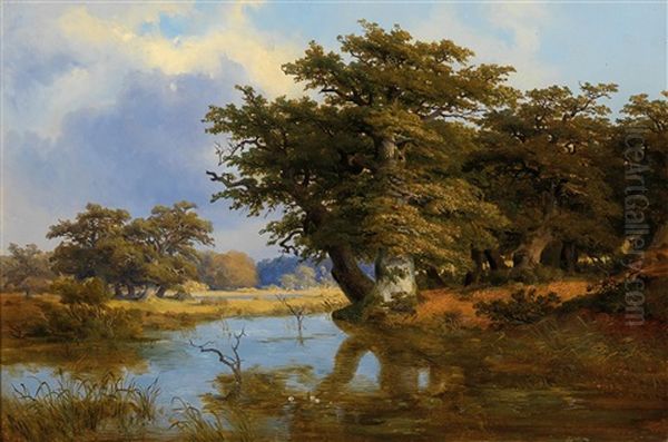 Old Oak Trees On The Riverbank Oil Painting by Ludwig Christian Wagner