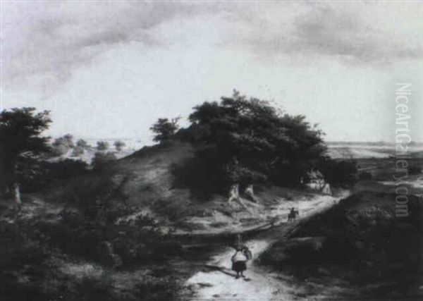 Hugelige Landschaft, Vor Baumgruppe Bauerinmit Milchkanne Oil Painting by Ludwig Christian Wagner