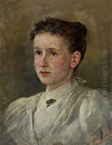 Portrait Der Bertha Voelter Geb. Leube (1869 - 1939). Portrait Im Weisen Hochgeschlossenen Kleid Mit Brosche Oil Painting by Paul Hermann Wagner