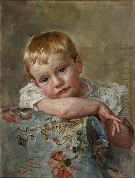 Kinderportrait Des Richard Voelter (1892 - 1975). Reizender Blonder Bub Blickt Uber Sessellehne Mit Geblumtem Bezug Oil Painting by Paul Hermann Wagner