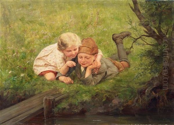 Zwei Kinder Am Bachufer by Paul Hermann Wagner