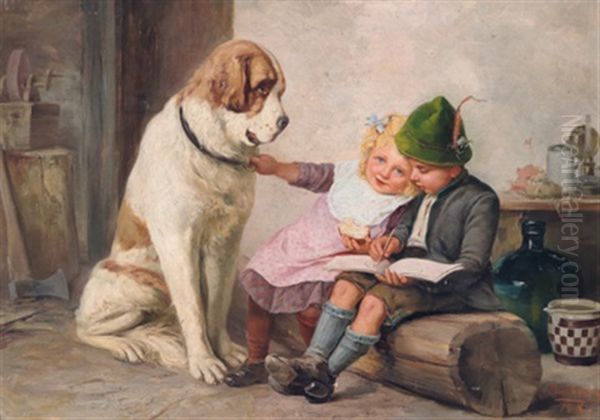 Die Zeichenstunde (die Geschwister Willi Und Maria Strauss) Oil Painting by Paul Hermann Wagner