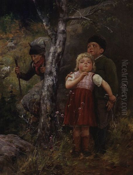 Zwei Kinder Im Wald Angstigen Sich Vor Einer Alten Frau Mit Kraxe Oil Painting by Paul Hermann Wagner