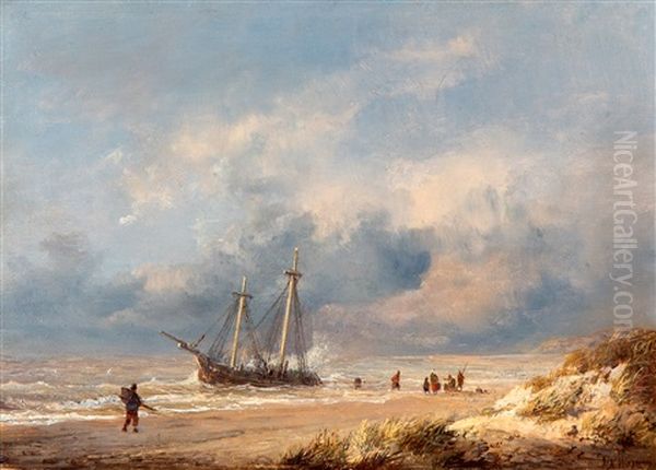 Fishermen And Boat At The Beach Oil Painting by Wilhelm Georg Wagner