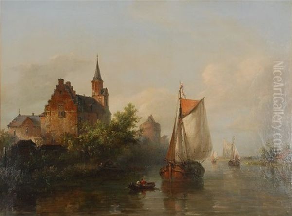 Paysage Fluvial En Hollande Avec Bateaux De Peche Oil Painting by Wilhelm Georg Wagner