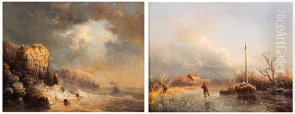 De Eenzame Schaatser, Schipbreuk Bij Rotskust (2 Works) Oil Painting by Wilhelm Georg Wagner