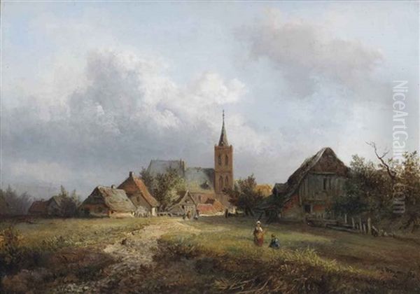 A Village With Children Gathering Firewood Oil Painting by Wilhelm Georg Wagner