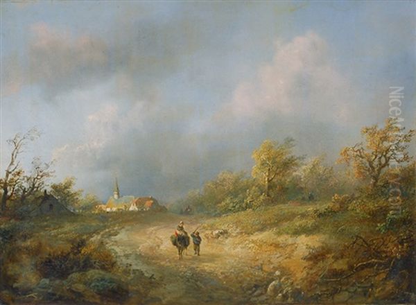 Travellers Outside A Village Oil Painting by Wilhelm Georg Wagner