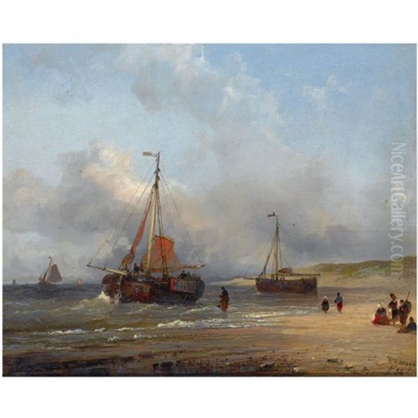 A Bomschuit In The Breakers, Scheveningen Oil Painting by Wilhelm Georg Wagner