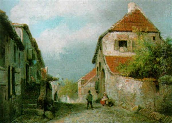 Figures In A Village Oil Painting by Wilhelm Georg Wagner