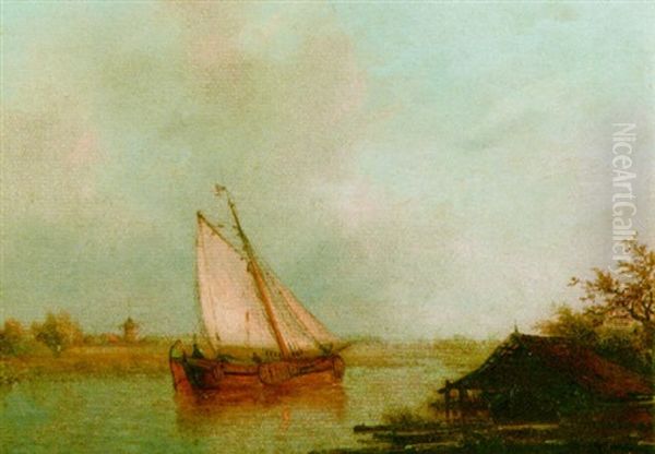 A Sailing Vessel In An Estuary Oil Painting by Wilhelm Georg Wagner