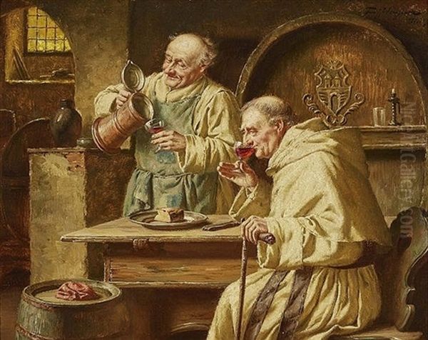 Two Monks In The Wine Cellar Oil Painting by Fritz Wagner