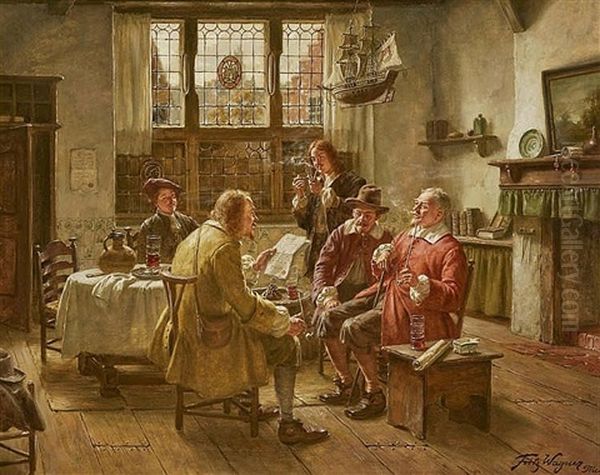 Smokers In A Dutch Parlour Studying A Letter Oil Painting by Fritz Wagner