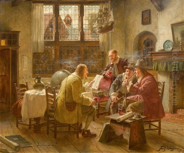 Group Of Men In A Parlour Oil Painting by Fritz Wagner