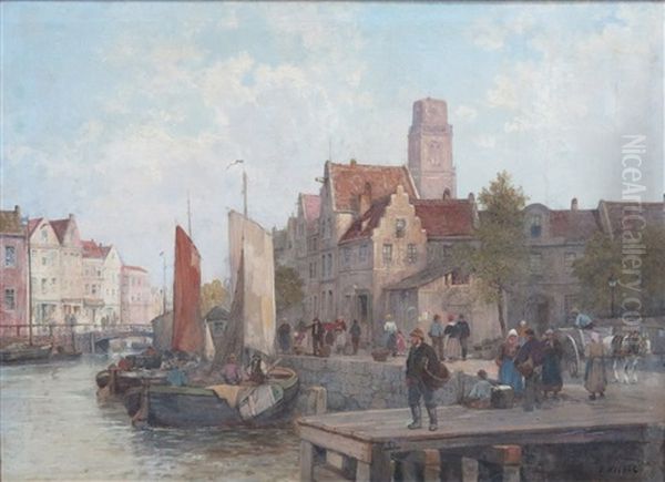 Stadsgezicht Met Binnenhaven, Afgemeerde Beurtvaarders En Vele Personen Op De Kade Oil Painting by Karl Wagner