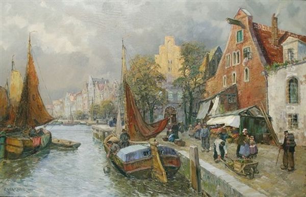 Altstadt In Holland Oil Painting by Karl Wagner