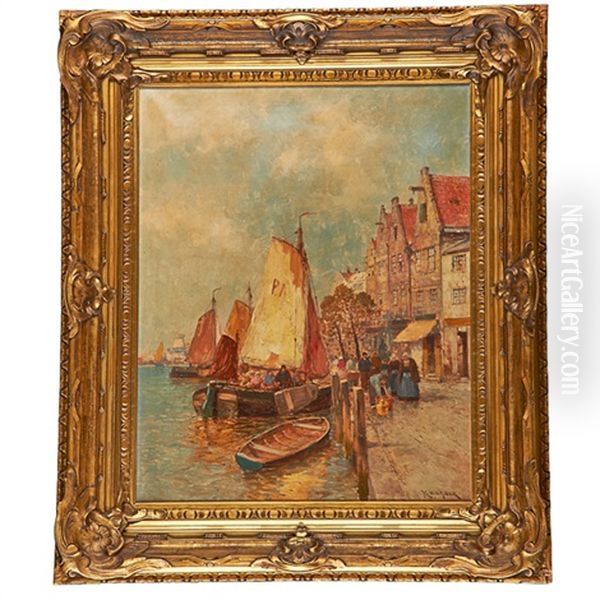 A Harbor Scene Oil Painting by Karl Wagner