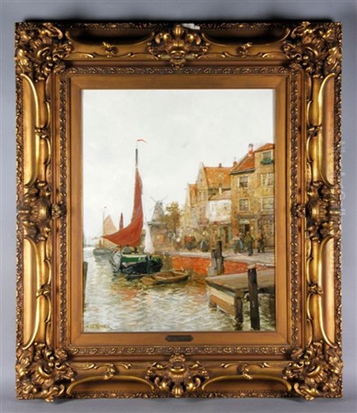 Port Scene With Sailboats And Houses Oil Painting by Karl Wagner