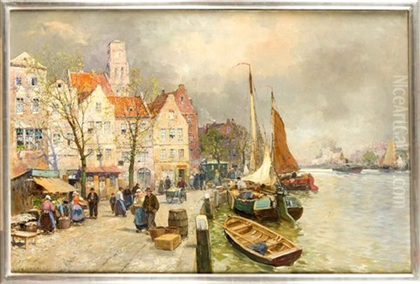 Markttreiben Am Ufer Der Amstel In Amsterdam, Stimmungsvolle Vedute Mit Figurenstaffage Oil Painting by Karl Wagner