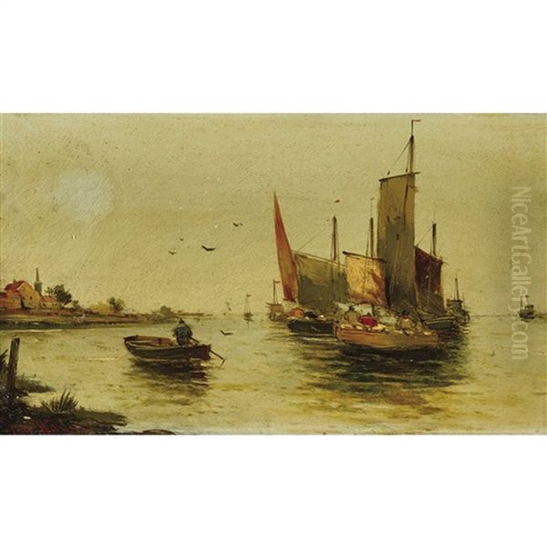 Kustenpartie Mit Segelschiffen Oil Painting by Johann Wagner-Deines