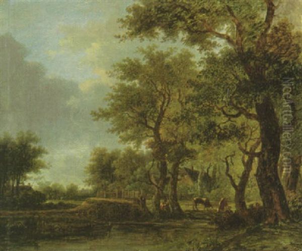 Waldlandschaft Mit Weidenden Kuhen Unter Den Baumen Am Seeufer Oil Painting by Johann Wagner-Deines