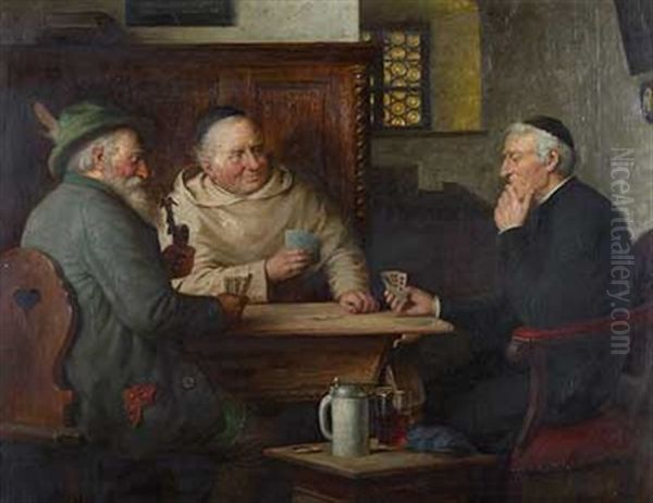 Jager, Monch Und Pfarrer Beim Kartenspiel Am Jogltisch Oil Painting by Josef Wagner-Hohenberg