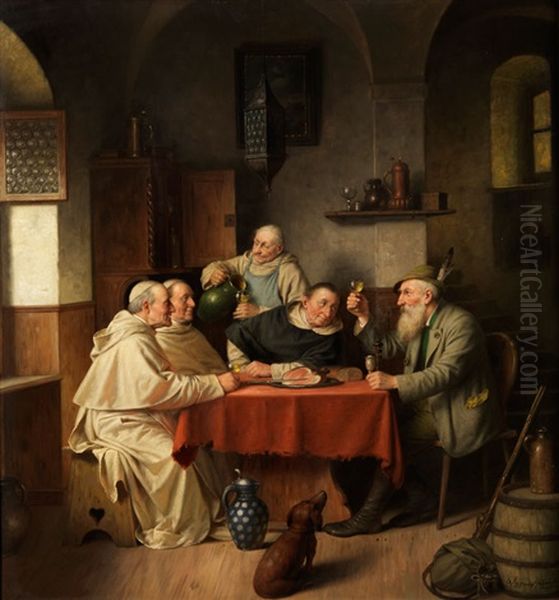 Dominikanermonche Und Ein Jager Am Weintisch In Einer Gewolbestube Oil Painting by Josef Wagner-Hohenberg