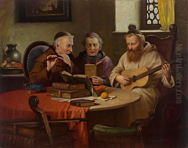 Drei Musizierende Monche Um Einen Tisch Oil Painting by Josef Wagner-Hohenberg