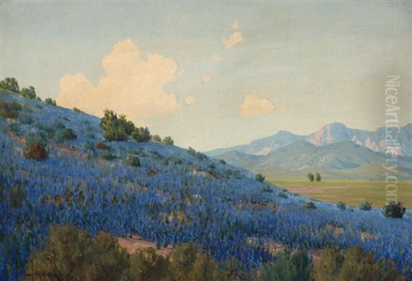 When Spring Comes, Hemmet (sic) Valley Cal., Landscape With Wildflowers Oil Painting by Harry B. Wagoner