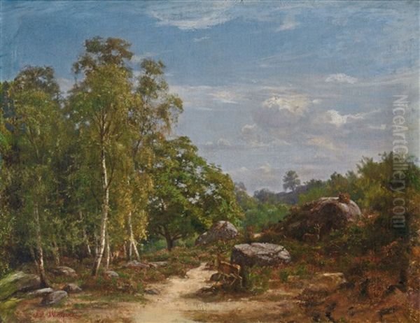 Fels- Und Baumlandschaft Mit Hirschpaar Oil Painting by Edmond Louis Marie Wagrez