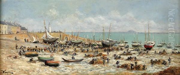 Sorting Nets At Low Tide Oil Painting by Edmond Louis Marie Wagrez