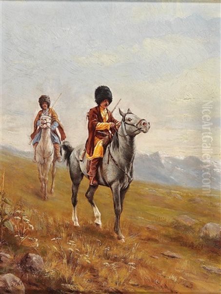 Zwei Kaukasische Reiter Oil Painting by Alexander Amandus Von Wahl