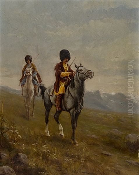 Bewaffnete Tscherkessen Zu Pferd Oil Painting by Alexander Amandus Von Wahl