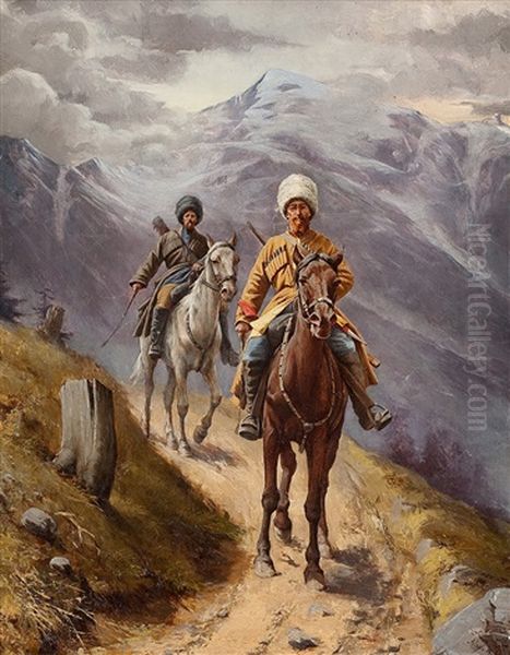 Bewaffnete Tscherkessenreiter Im Gebirge Oil Painting by Alexander Amandus Von Wahl