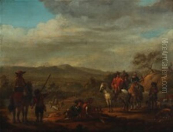 Landscape With Hunters By Horseback On Falconry Oil Painting by Johann Salomon Wahl