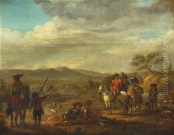 Landscape With Hunters By Horseback On Falconry Oil Painting by Johann Salomon Wahl